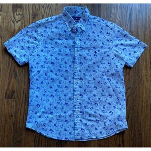 Polo Ralph Lauren Shirt Mens Medium Seersucker Marlin AOP Button Up Short Sleeve
